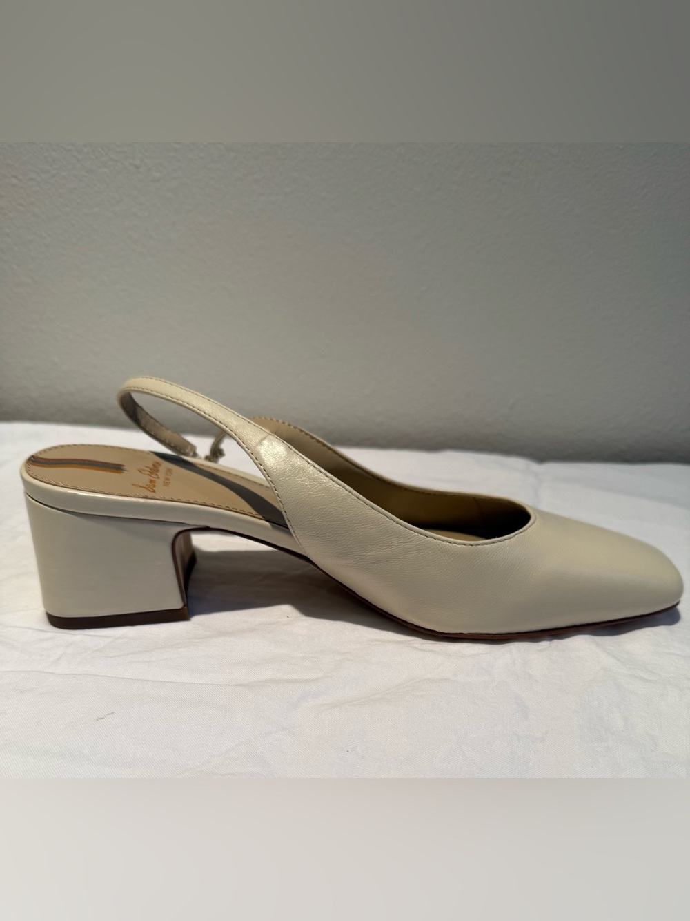 Sam Edelman Leather Cream Slingback Block Heels Sz 5.5 Ivory Square Toe Pumps - Picture 7 of 13